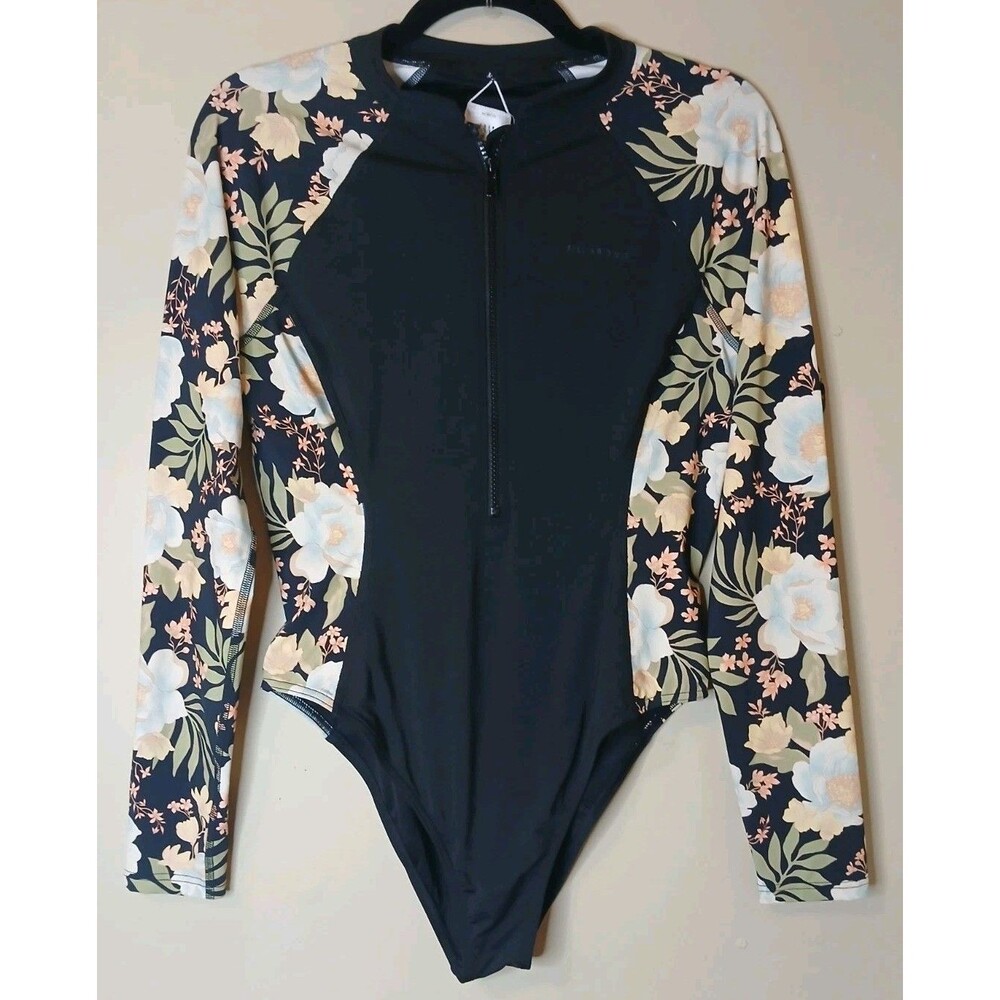 BILLABONG Swimsuit Sz M/L Zip Front Long Sleeve UV Protection Black/Tropical $99 - Picture 7 of 16